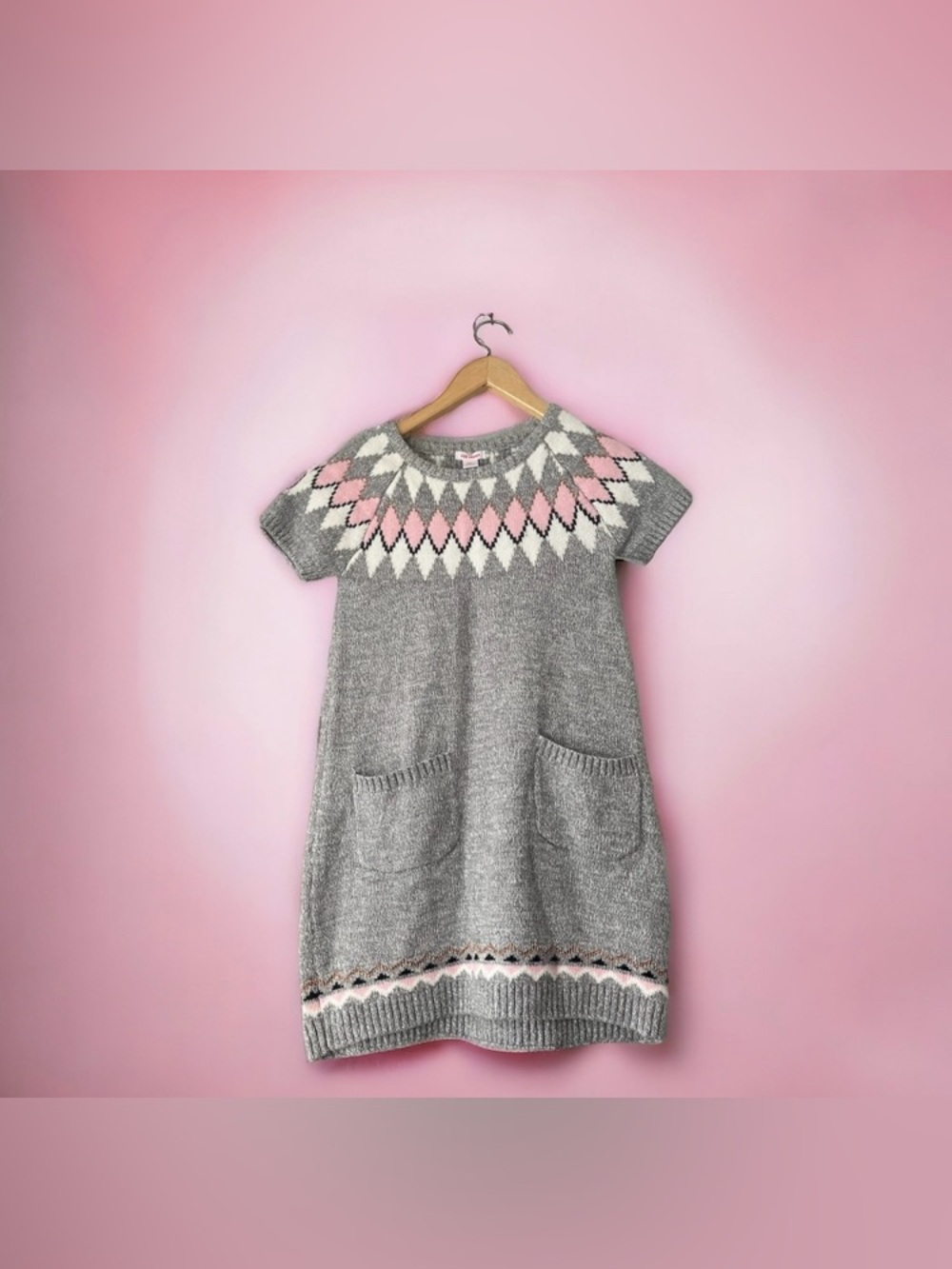 Girl's Joe Fresh Knit Gray White Pink Sweater Dress Size 7/8 Argyle Pattern Kids